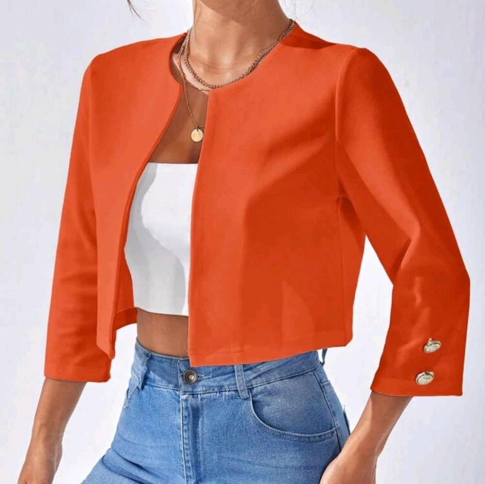 Vibrant Orange Cropped Open Front 3/4 Sleeve Blazer